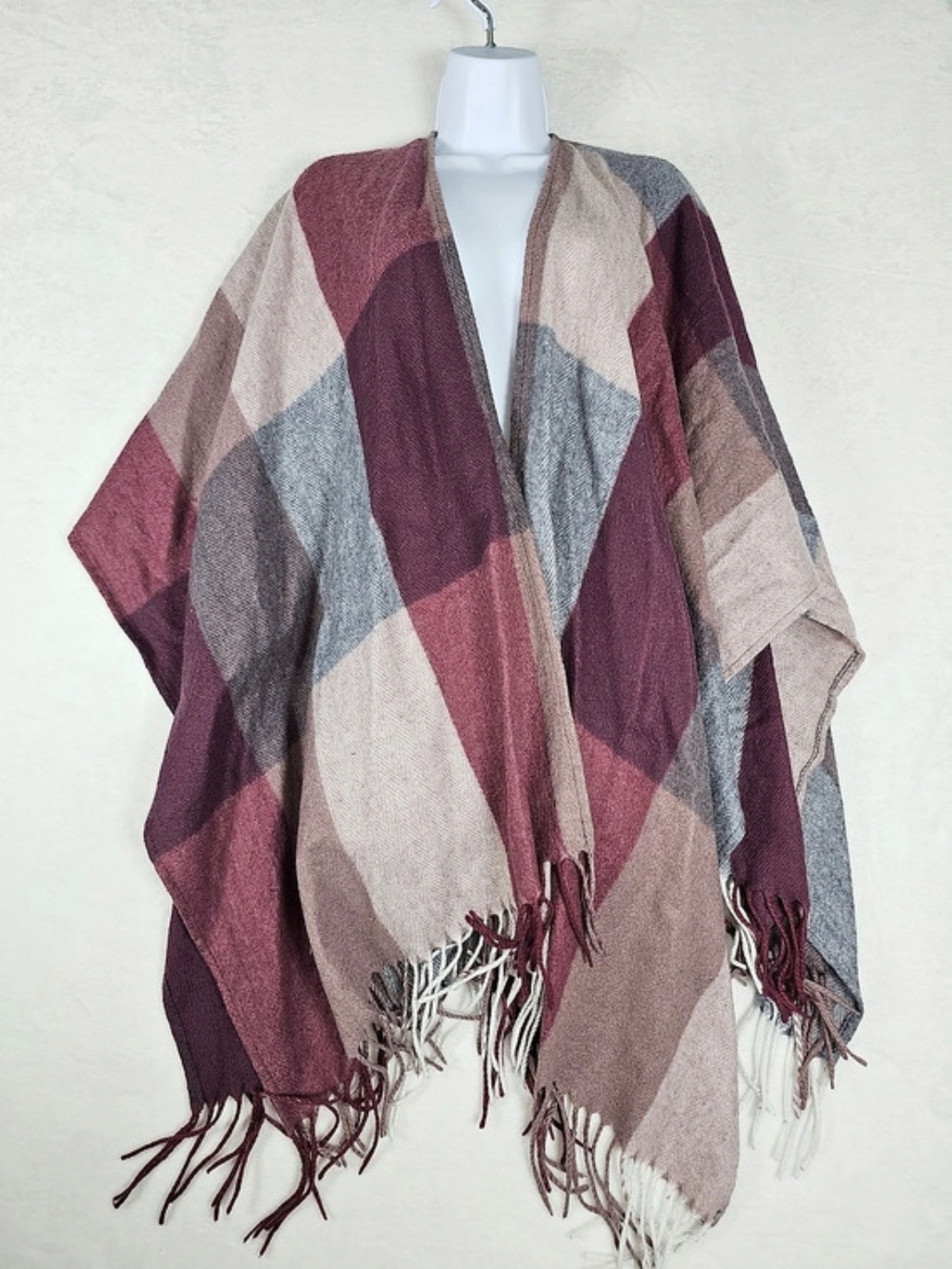 Woolrich Talia Ruana Color Block Wool Ruana in Burgundy & Gray